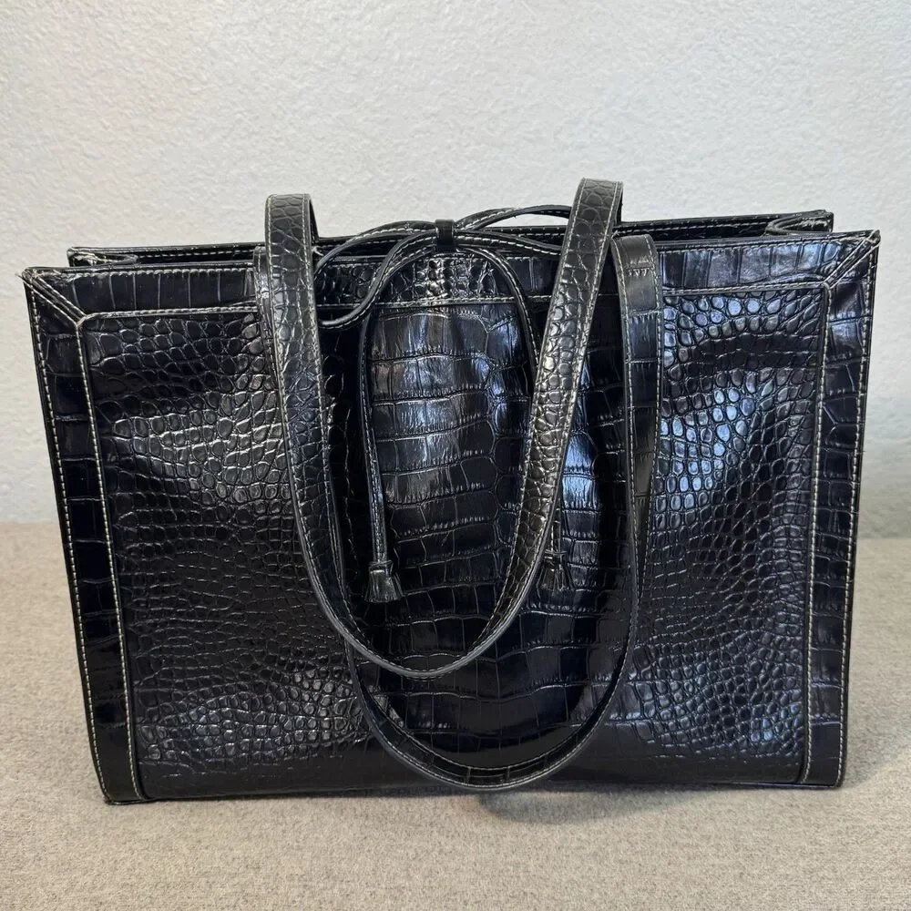 VTG Liz Claiborne Tote Bag Black Faux Croc 15x11 Structured Purse Wallet Mirror
